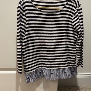 Talbots Navy and White Striped Top with Ruffle Hem